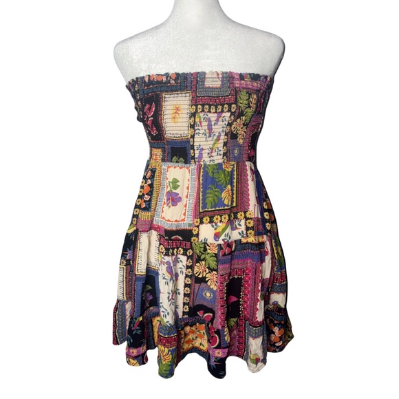Angie Strapless Boho Mini Dress Small Patchwork Smocked Festival Beachwear - Picture 1 of 6